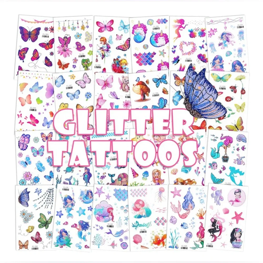 NEW Glitter Temporary Tattoo, 24 Sheets 240+ Glitter Metallic Tattoos